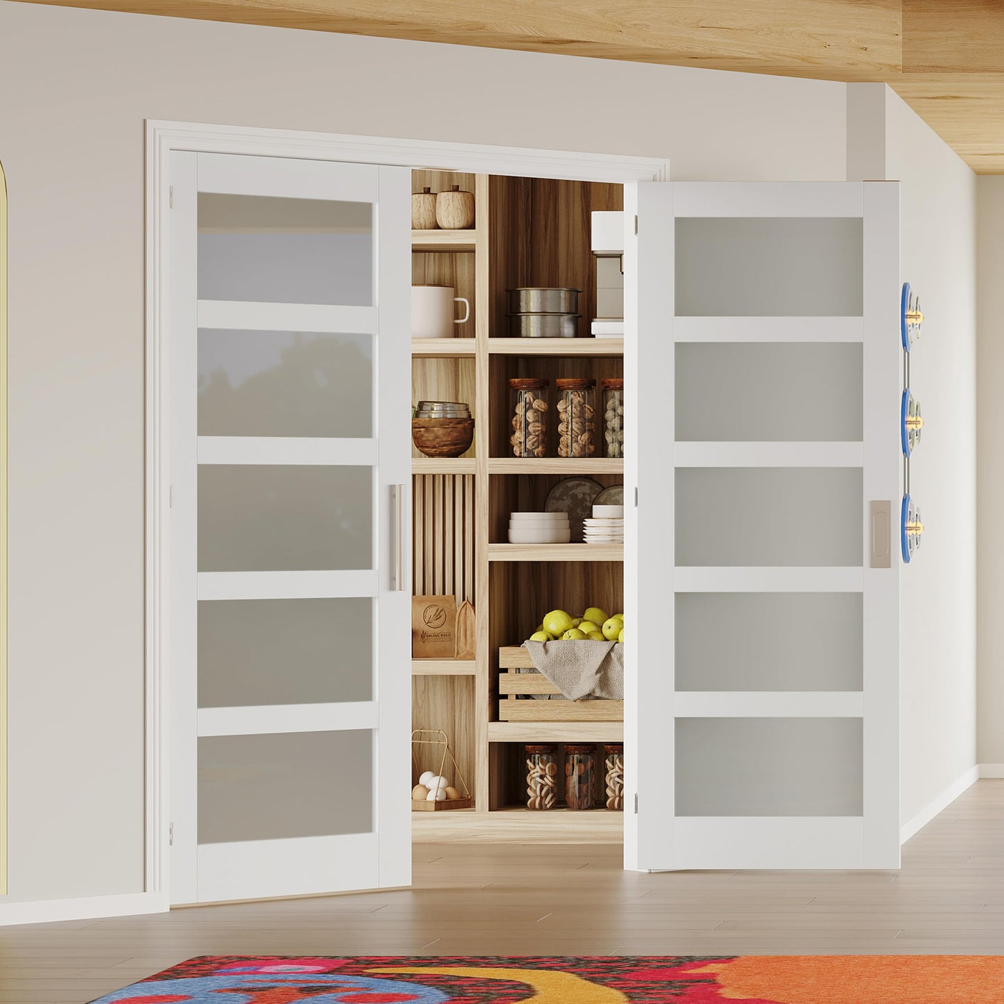 Lakenyon French Doors, 64" x 80", 5-Lite Frosted Tempered Glass French Doors Interior, Solid MDF Core French Door, T-Shape Handles, Flush Bolts, Top Bead Guide, Paintable Surface, White