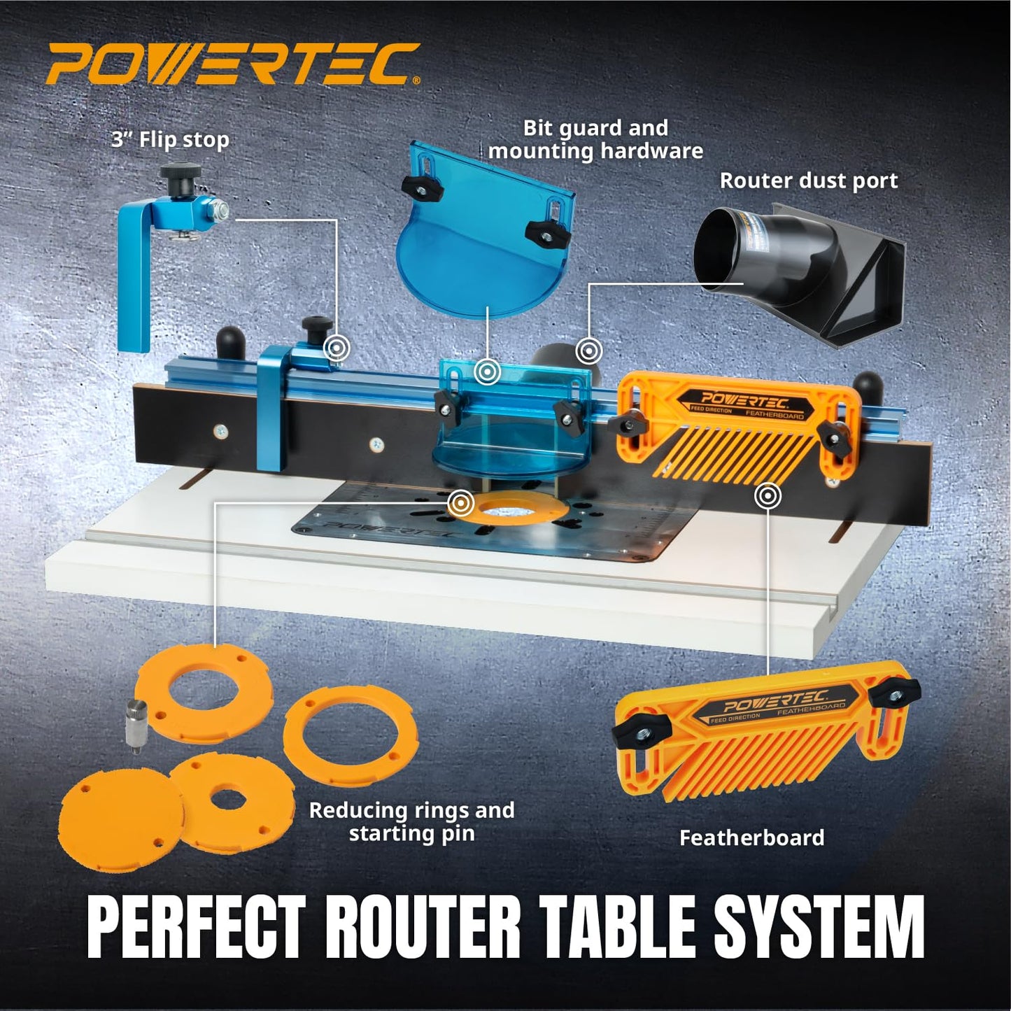 POWERTEC Benchtop Router Table w/Metal Stand and Adjustable Fence Set – 24" x 16" Laminated MDF Top, Aluminum Insert Plate, 2-1/2" Dust Port, Fence Stop, Featherboard and More Accessories (71963)