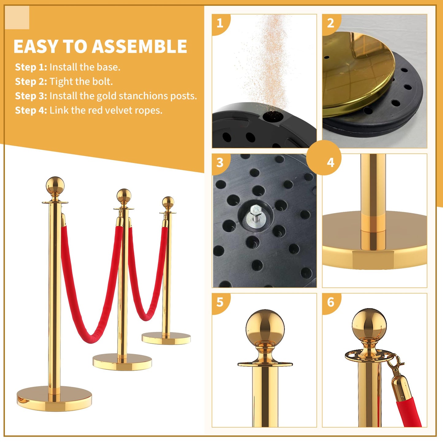 Crowd Control Stanchions 6PCS with 4 Velvet Ropes & 26FT Red Carpet, Stainless Steel Post and Filled Base, Retractable Safety Barriers for Hotel, Wedding, Theater, Event
