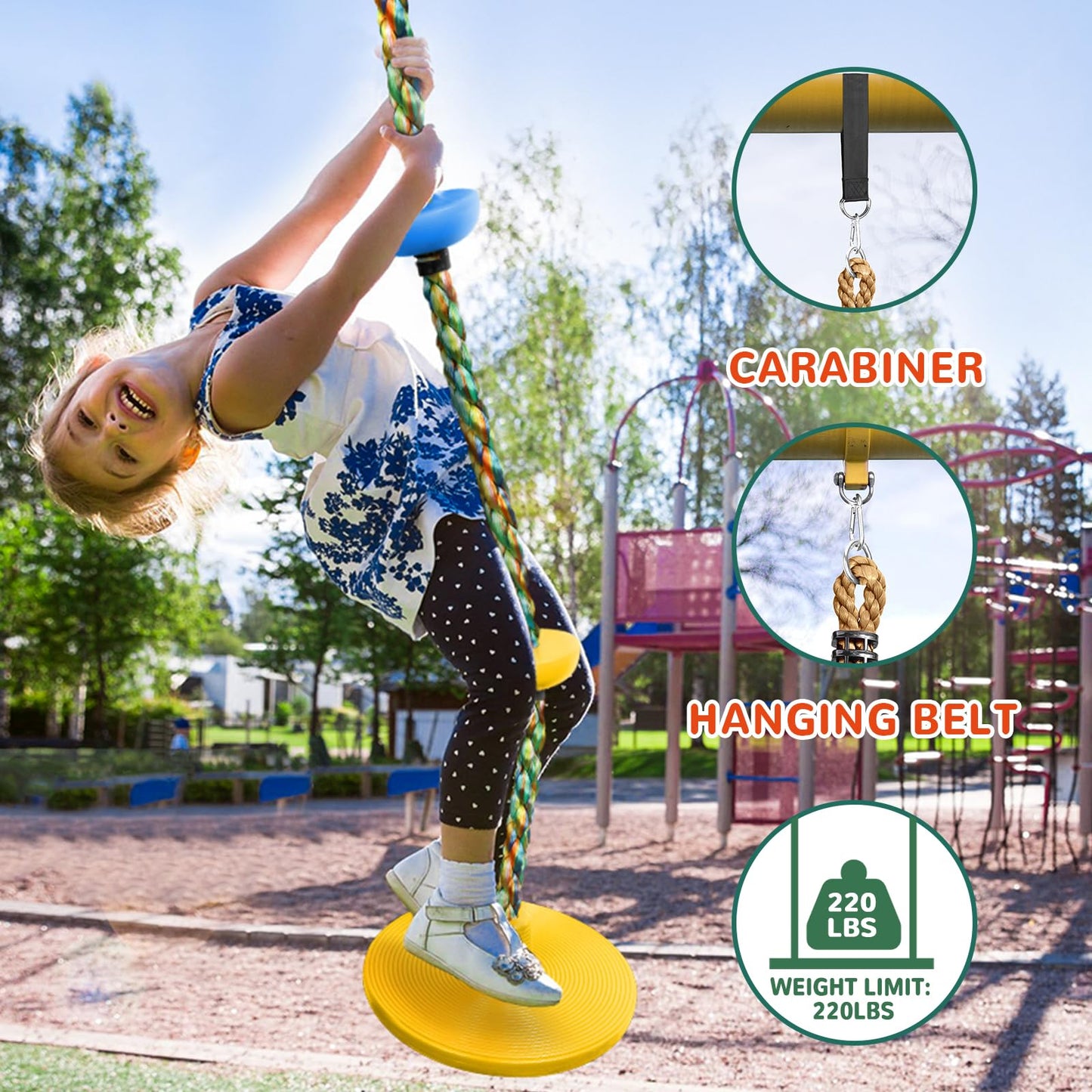 Tree Swing for Kids,Heavy Duty Single Disc Seat Climbing Rope Set with Hanging Strap and Platform Carabiners for Backyard Treehouse and Outdoor Playground Accessories(Yellow)