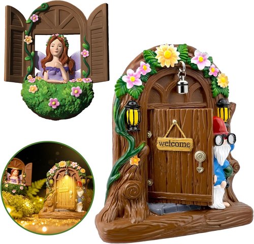 Exasinine Fairy Door and Windows Set - Gnome Statue Garden Sculpture for Outdoor Decor
