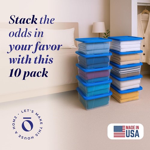 HOMZ 10-Pack Snaplock Storage Bins - Clear Plastic Organizer Boxes with Lids, 6 Quart, Blue | Stackable for Home & Office