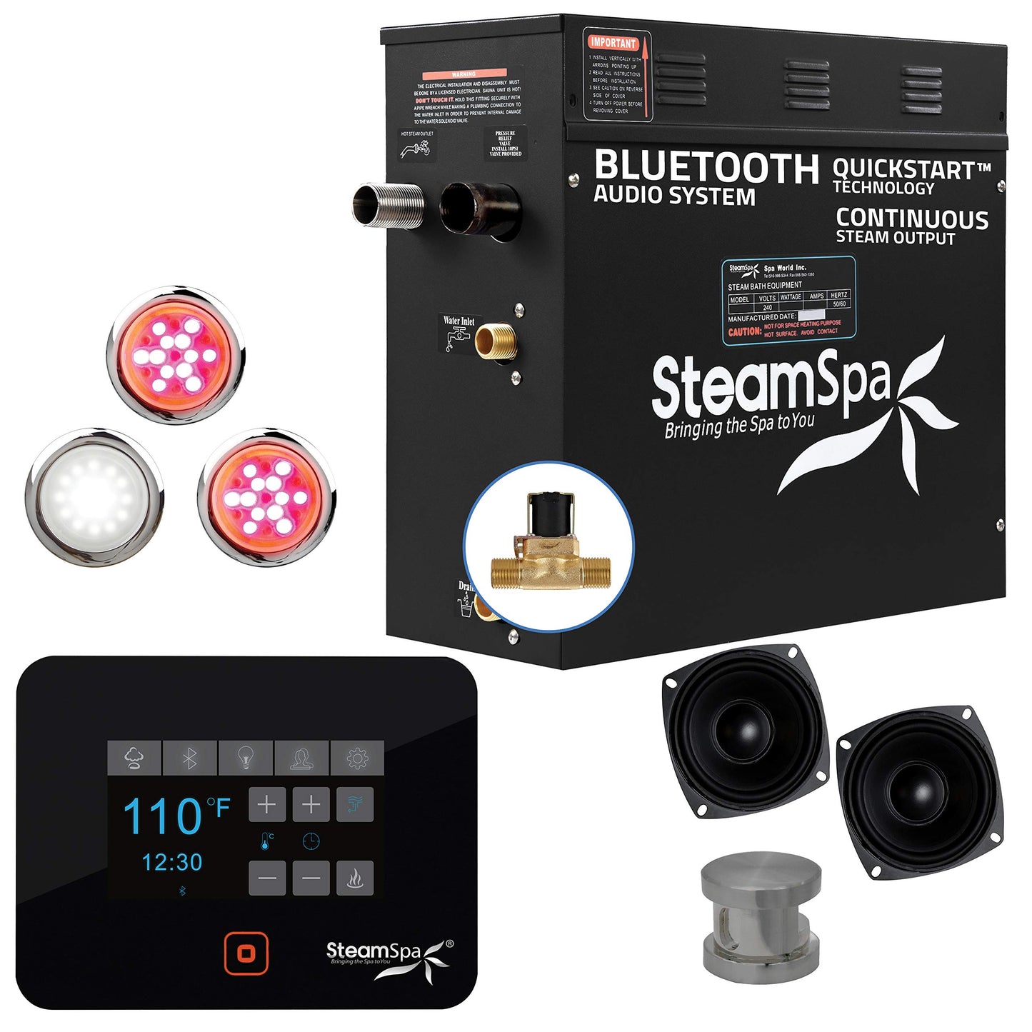 SteamSpa Generator with Quick Start Continuous Steam Technology, Wi-Fi, Bluetooth and Autodrain | 9kW Steam Generator with Brushed Nickel Steam Head with Aromatherapy Reservoir | SS-RVB900BN-A
