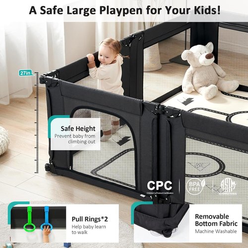 Doradotey Baby Playpen - Adjustable Large Playard for Toddlers | Foldable Indoor Play Center, Black 180x200x68cm