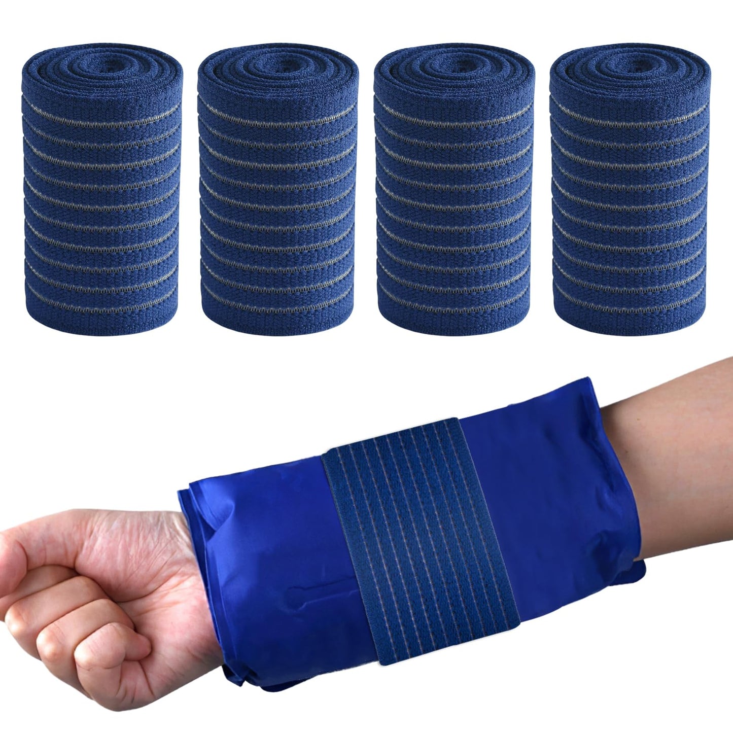 4-Pack Ice Pack Straps, Reusable & Stretchable – 35.5"x3" Adjustable Elastic Wrap with Hook and Loop Closure, Secure Ice Pack Holder for Cold Therapy (Blue)