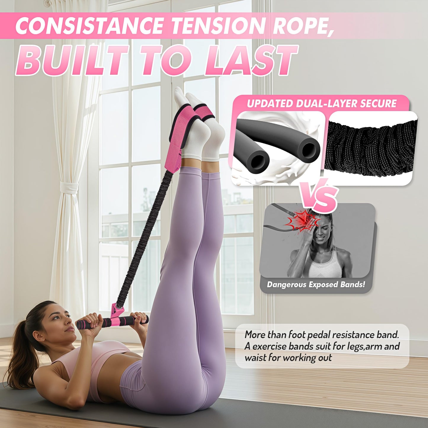 KRNIUC Resistance Bands with Handles | Puller Resistance Band for Exercise, Abs, Core, Legs, Glutes, Foot, Yoga, Arm and Waist Pedal Band, Stretch Bands Workout Equipment for Women Home Gym