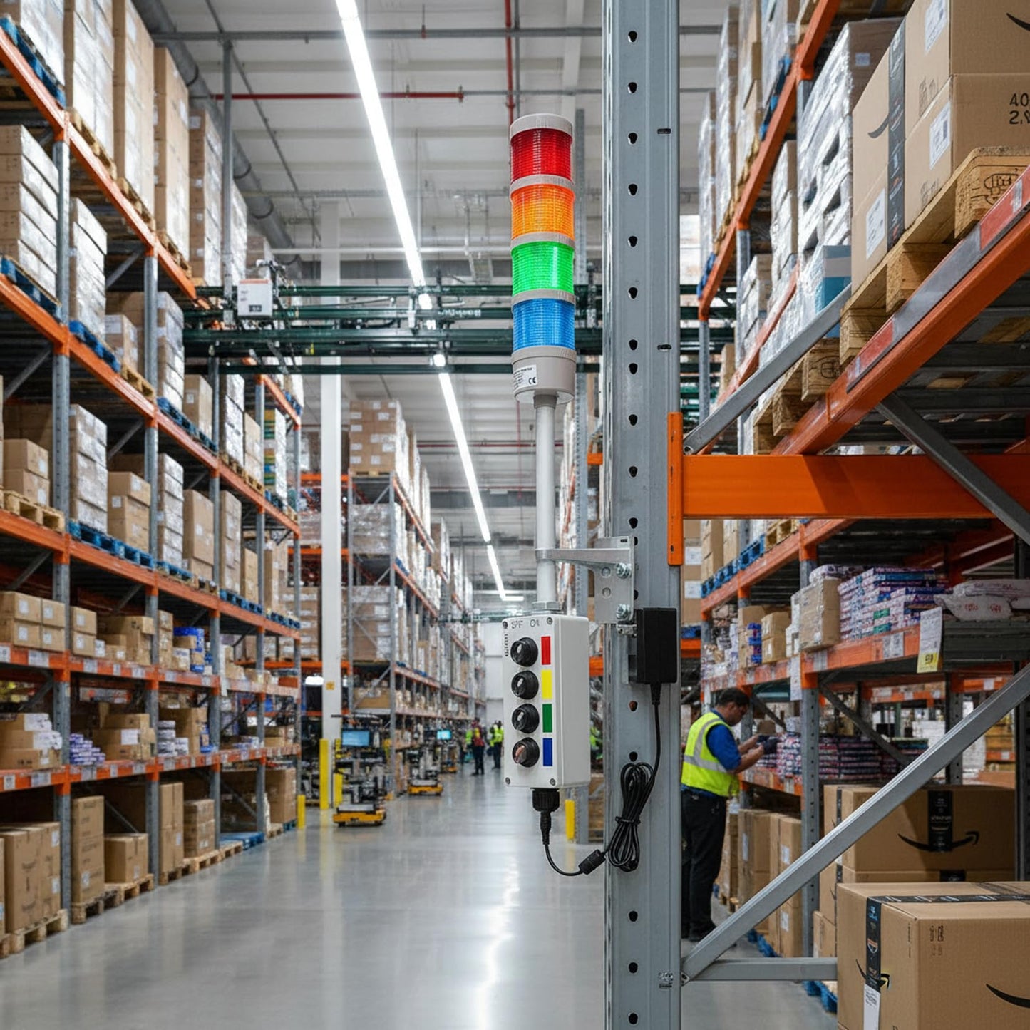 ANDONT 4-Stack LED Andon Tower Signal Light, Red/Yellow/Green/Blue, On/Off, ABB Selector Switch, Mean Well Industrial Power Adapter 6 ft, IP65 Rated, Plug-and-Play