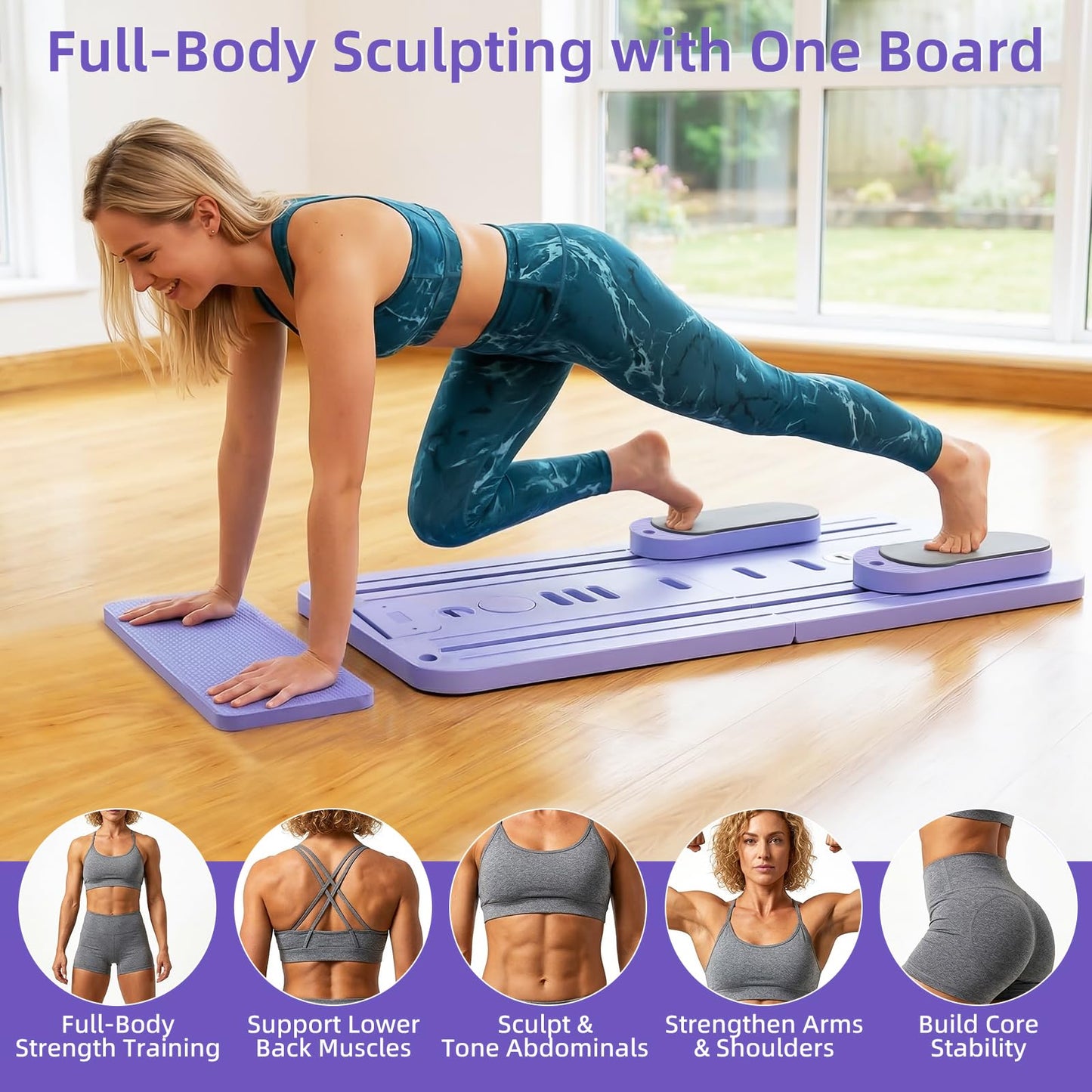 Pilates Board for Home Workout – Upgraded Foldable Pilates Reformer Board Set, Portable Pilates Reformer Machine with Resistance Bands, Ab Wheel & Push-Up Handles, All-in-One Home Pilates Equipment