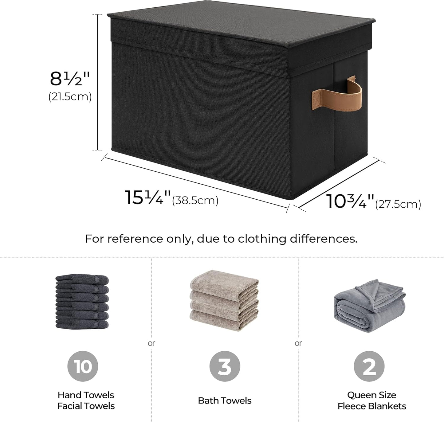 StorageWorks Black Storage Bins - Decorative Foldable Boxes with Lids & PU Handles | Large 3-Pack