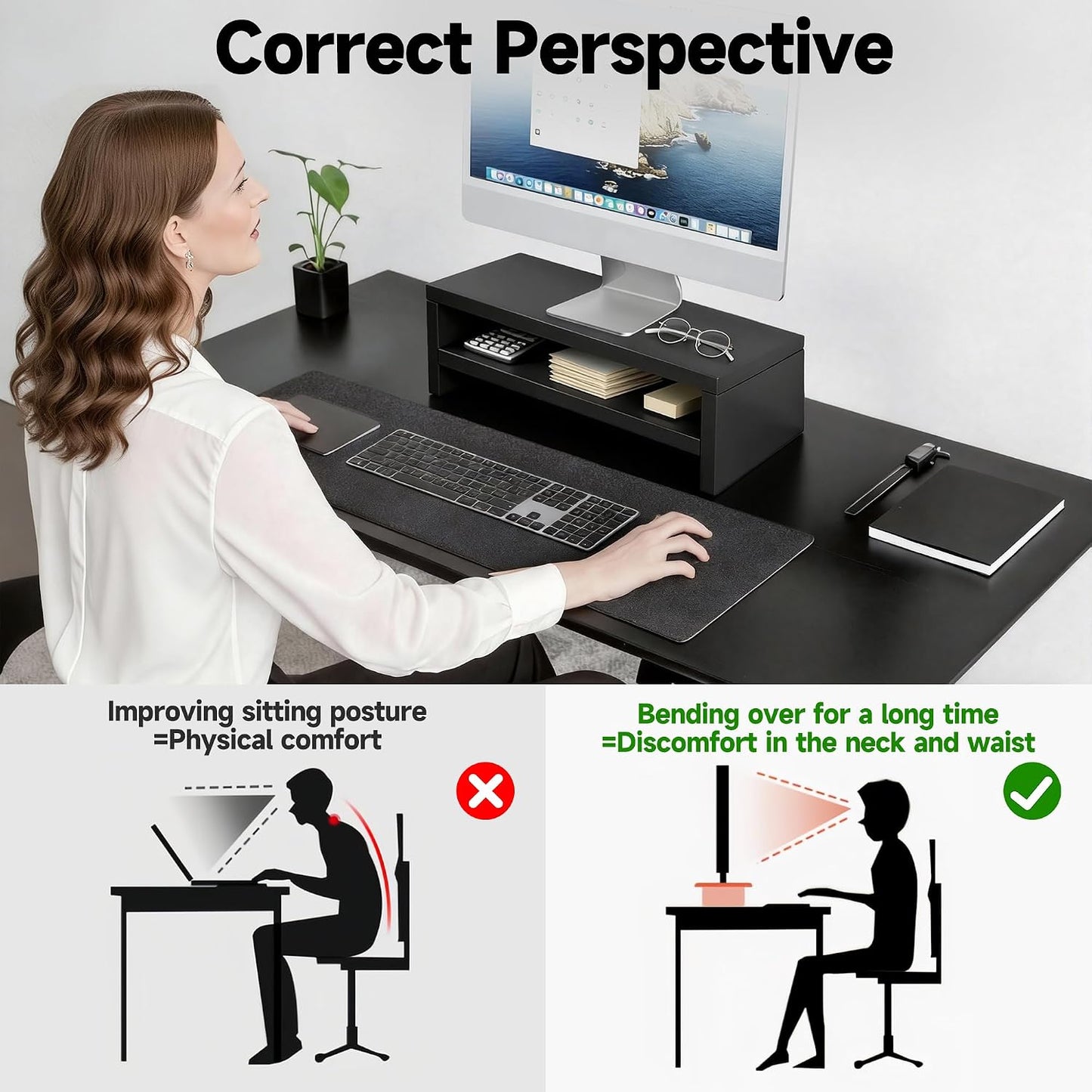 2-Tier 15.7 Inch Wooden Monitor Stand Riser, Desk Shelf with Storage Organizer, Ergonomic Computer Stand, Storage