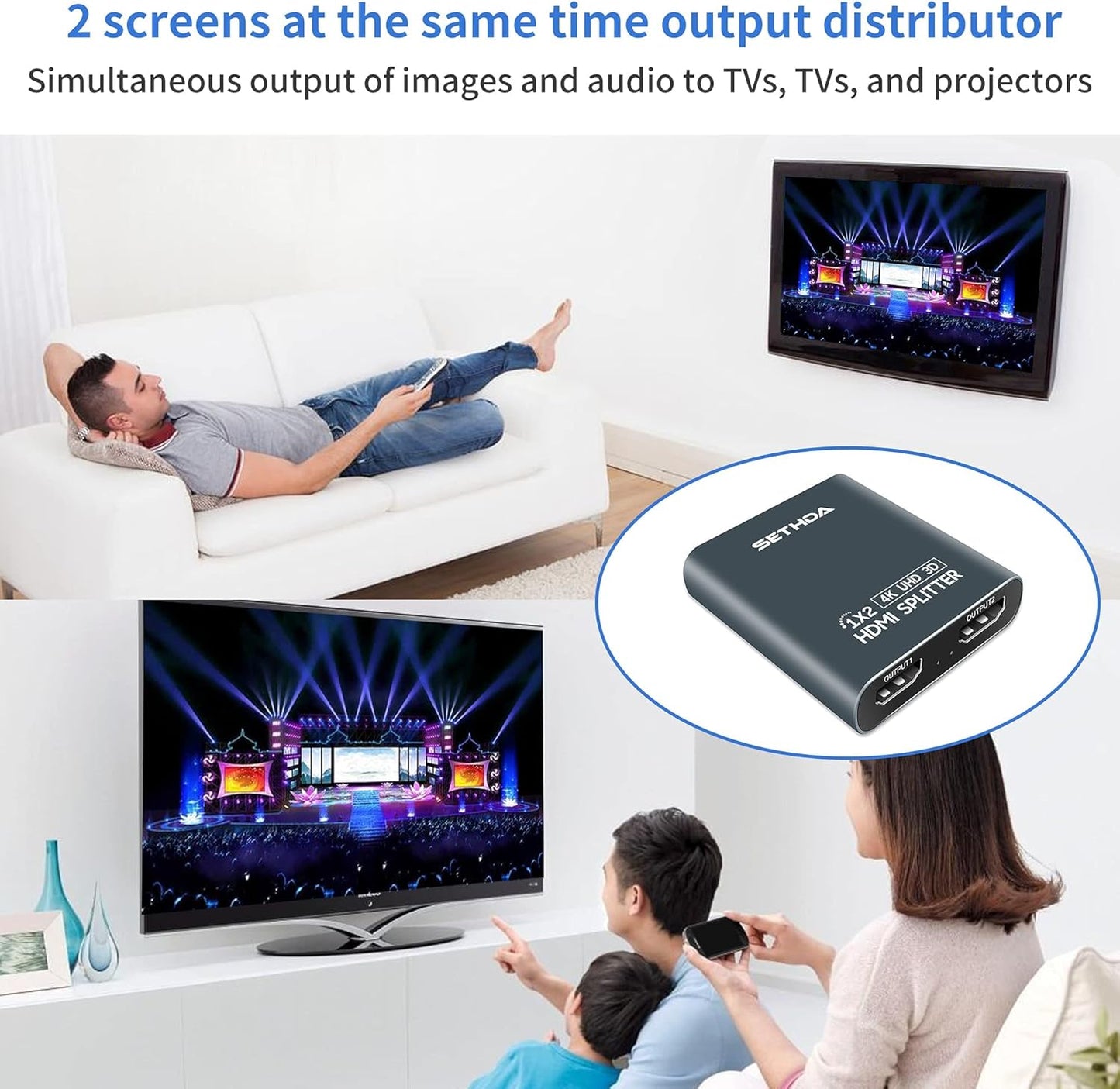 SETHDA 1 2 Output,2 4K@30Hz PS4 HDMI Splitter HDMI Switch Input Ports HDMI Hub Support Ultra HD Resolution,Compatible