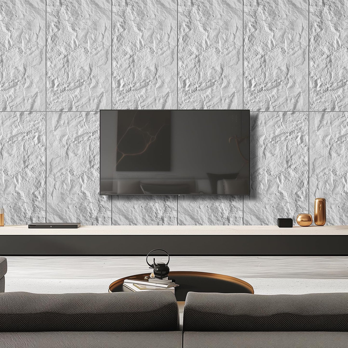 VESLARA 4 PCS Faux Stone Wall Panel 43.3’’ x 23.6’’ PU Wainscoting Panel with Mountain Rock Design 3D Wall Panel for Interior Wall Decor Bedroom Living Room Office White