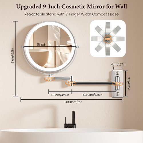 9" Large Wall Mounted Lighted Makeup Mirror, 5000mAh Rechargeable 1X/15X Magnifying Mirror with 3 Color Lights Touch Dimmable, Extended Arm 360° Rotation Bathroom Wall Mounted Makeup Mirror, Nickel
