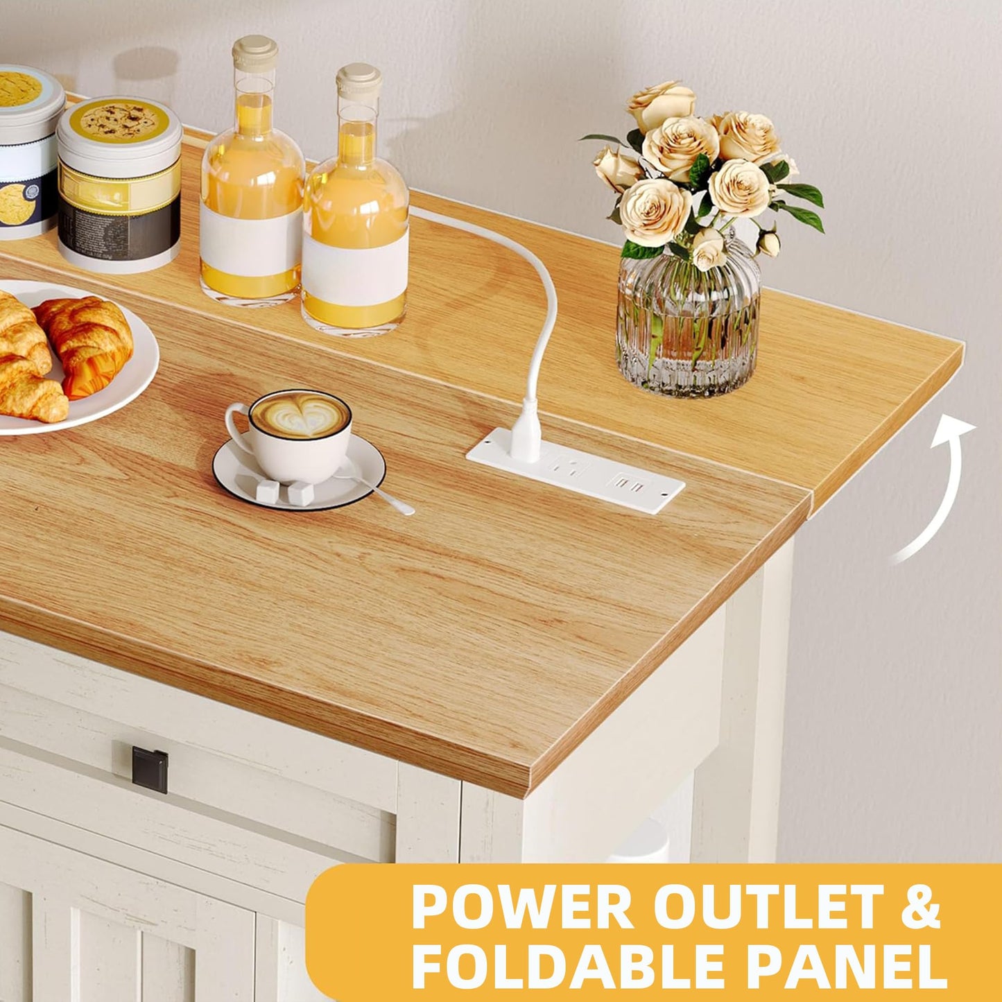 DWVO Rolling Kitchen Island with Drop Leaf, Mobile Storage Islands with Power Outlet Foldable Tabletop, 2 Drawers and Open Shelves, for Living Room, Dining Room, Off White