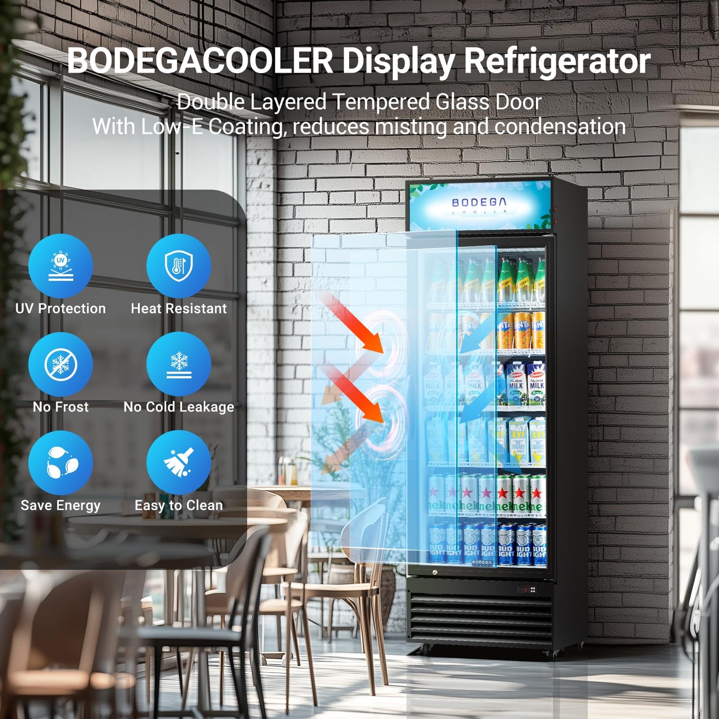 BODEGA BODEGACOOLER 15.5 Cu. Ft Commercial Beverage Refrigerator, Glass Door Upright Display Cooler, 420 Cans Drink Fridge with LED Light, 5 Adjustable Shelves, Lock, Black