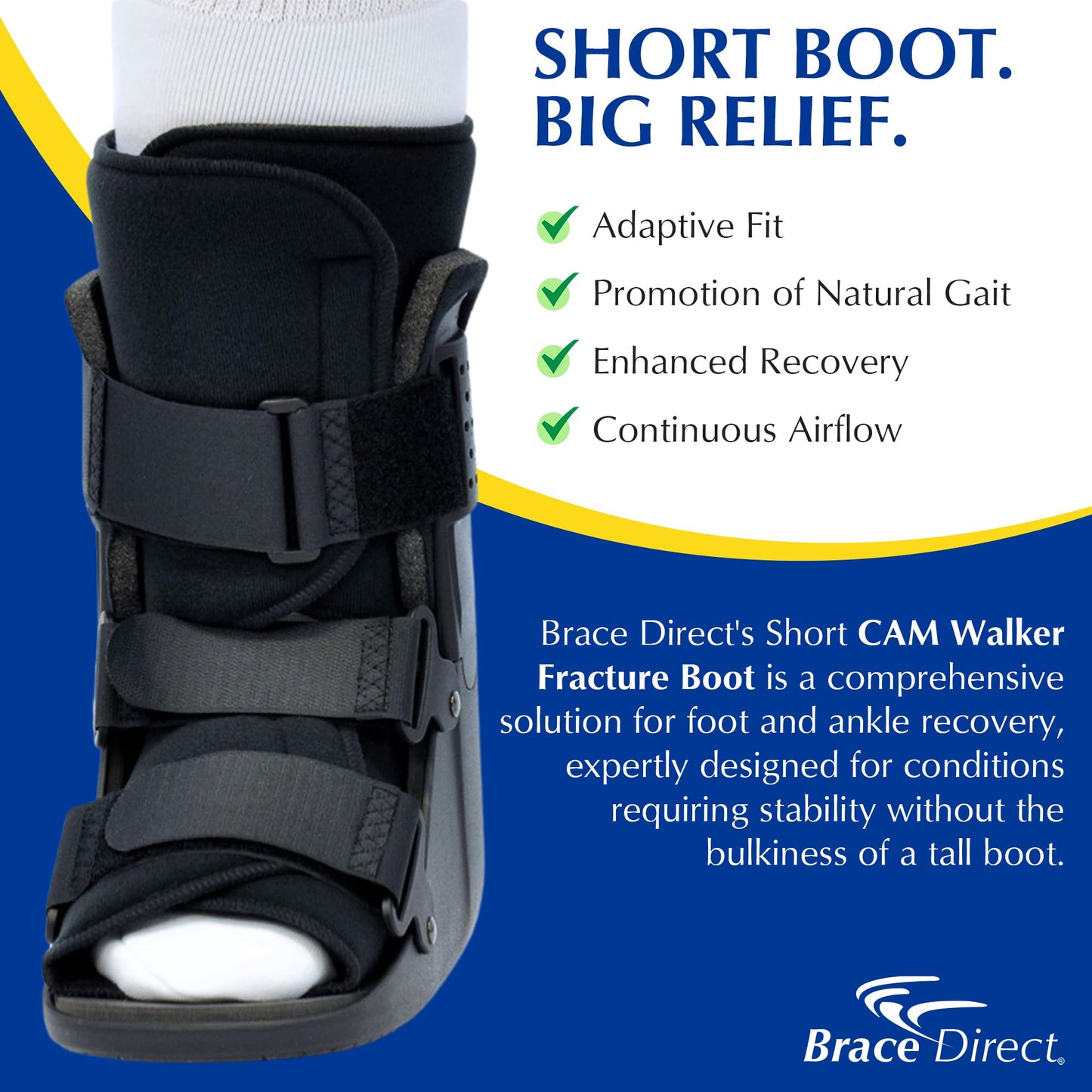 Brace Direct CAM Walker Fracture Boot Short - Lightweight Walking Boot for Foot & Ankle Injuries, Sprains & Stress Fractures - Doctor-Recommended (Men’s 7.5–10.5 / Women’s 8.5–11.5)