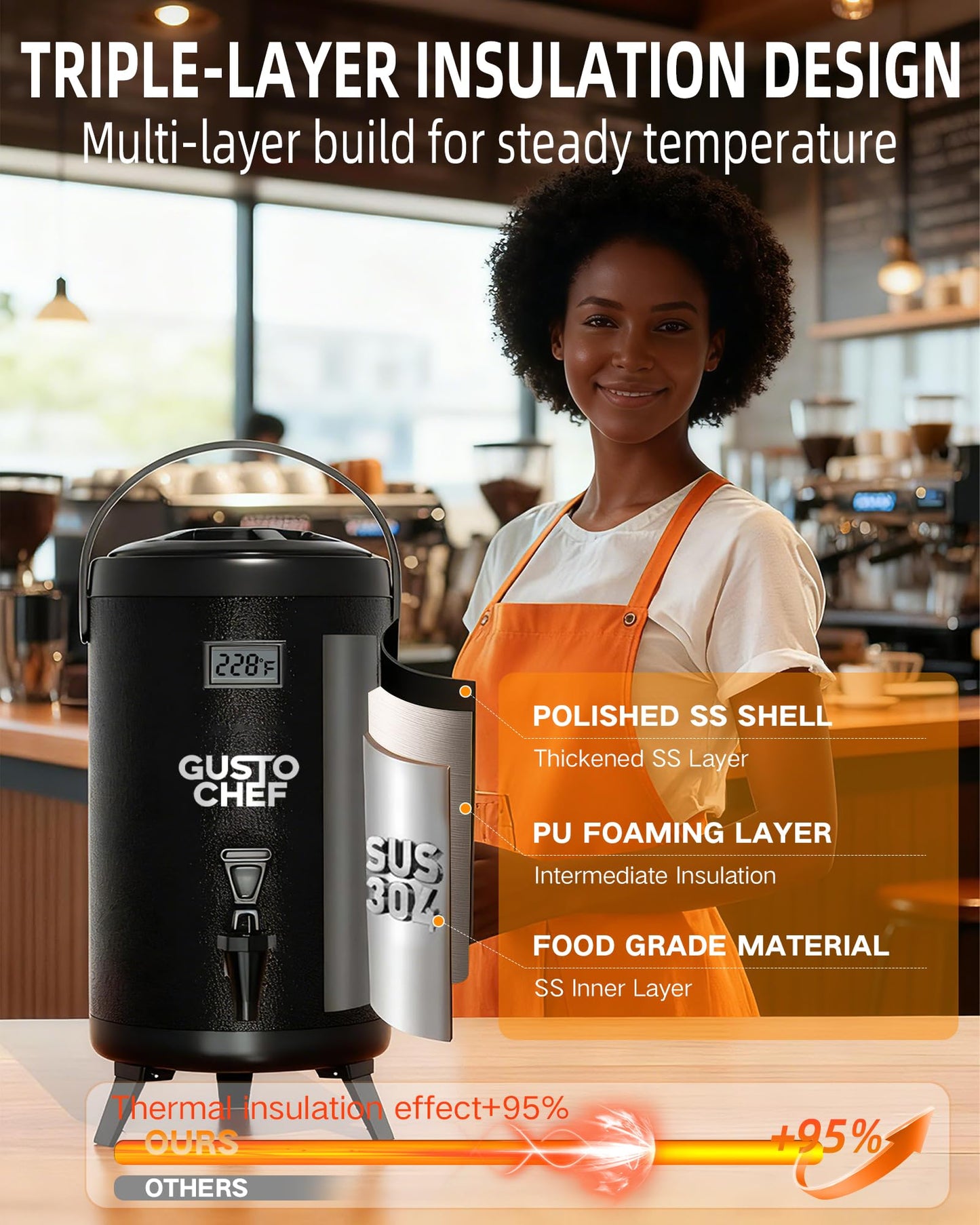 GUSTOCHEF Insulated Beverage Dispenser 3 Gallon,Hot&Cold Drink Dispenser with Spigot,LCD Thermometer,Stainless Steel Triple-Layer Insulation,for Tea Coffee Milk Juice,Party Buffet(Black, 2 Pack)