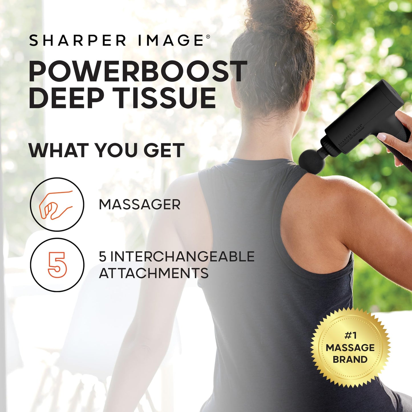 Sharper Image Deep Tissue Percussion Massage Gun, Powerboost Rechargeable Handheld Massager, 6 Adjustable Speeds, 5 Attachment Heads & Carrying Case, Full Body Muscle Pain Relief, Black
