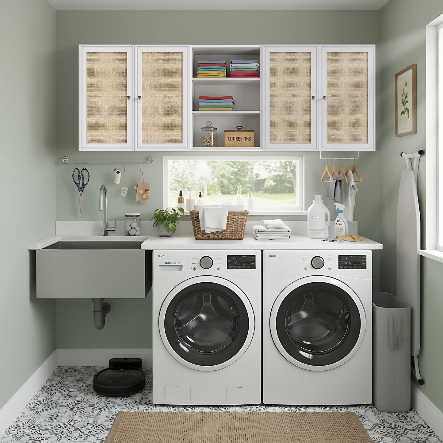 Furnaza Kitchen Wall Cabinets,Rattan Wall Mounted Laundry Cabinets with Adjustable Shelf, Floating Hanging Storage Cabinet for Laundry Room, Bathroom, Kitchen,63" W x 11.8" D x 21.6" H