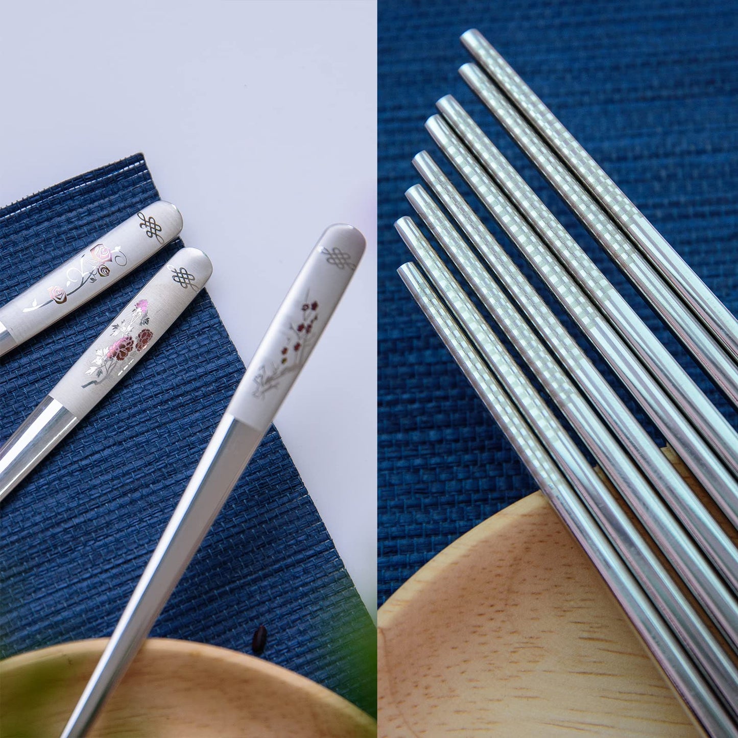 YAPULLYA Reusable Chopstick and Spoon Set, Korean Long Handle Stainless Steel Spoon and Chopsticks Set, Dishwasher Safe Metal Chop sticks, Set of 3. (Multi-patterned)