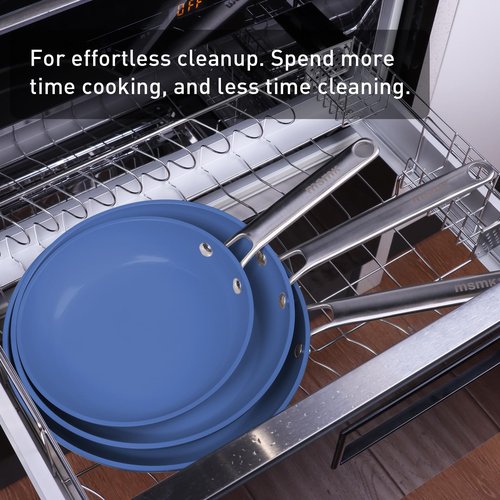 MsMk Blue 8" + 9.5" + 11" Ceramic Non Stick Frying Pans Sets, PFOA Free Non-Toxic, Scratch-resistant, Oven-Safe, Induction Ready, Compatible with All Cooktops