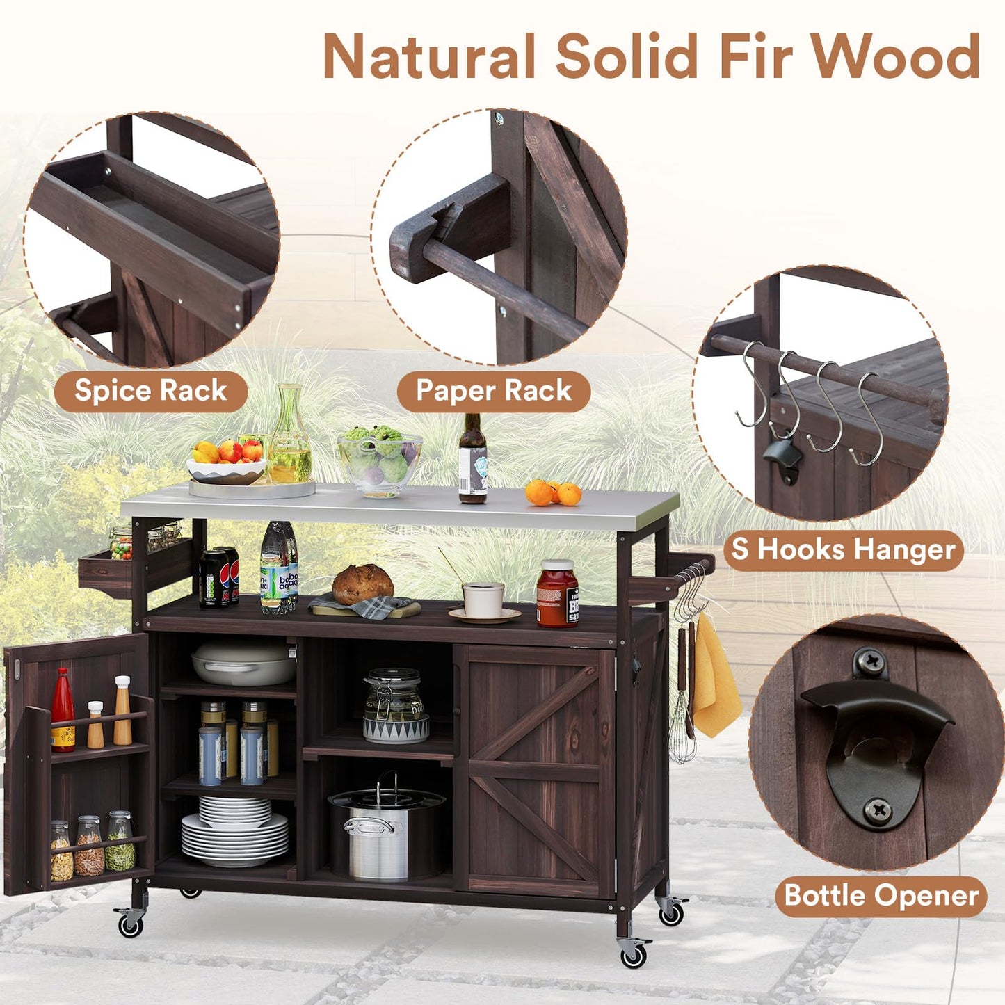 Zevemomo Outdoor Grill Cart with Storage Space, Stainless Steel Tabletop Outdoor Kitchen Island, Fir Wood Outdoor Buffet Cabinet with Lockable Casters for Grilling, Brown