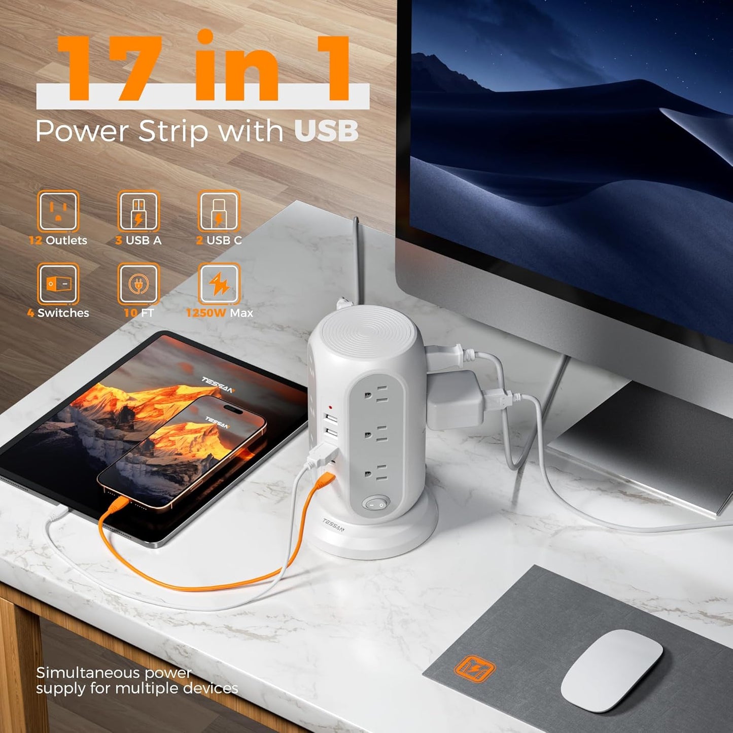 TESSAN 12 5 Ports(2 10 1250W, Tower Power Strip with Individual Switches, Surge Protector with Outlets, USB USB C)