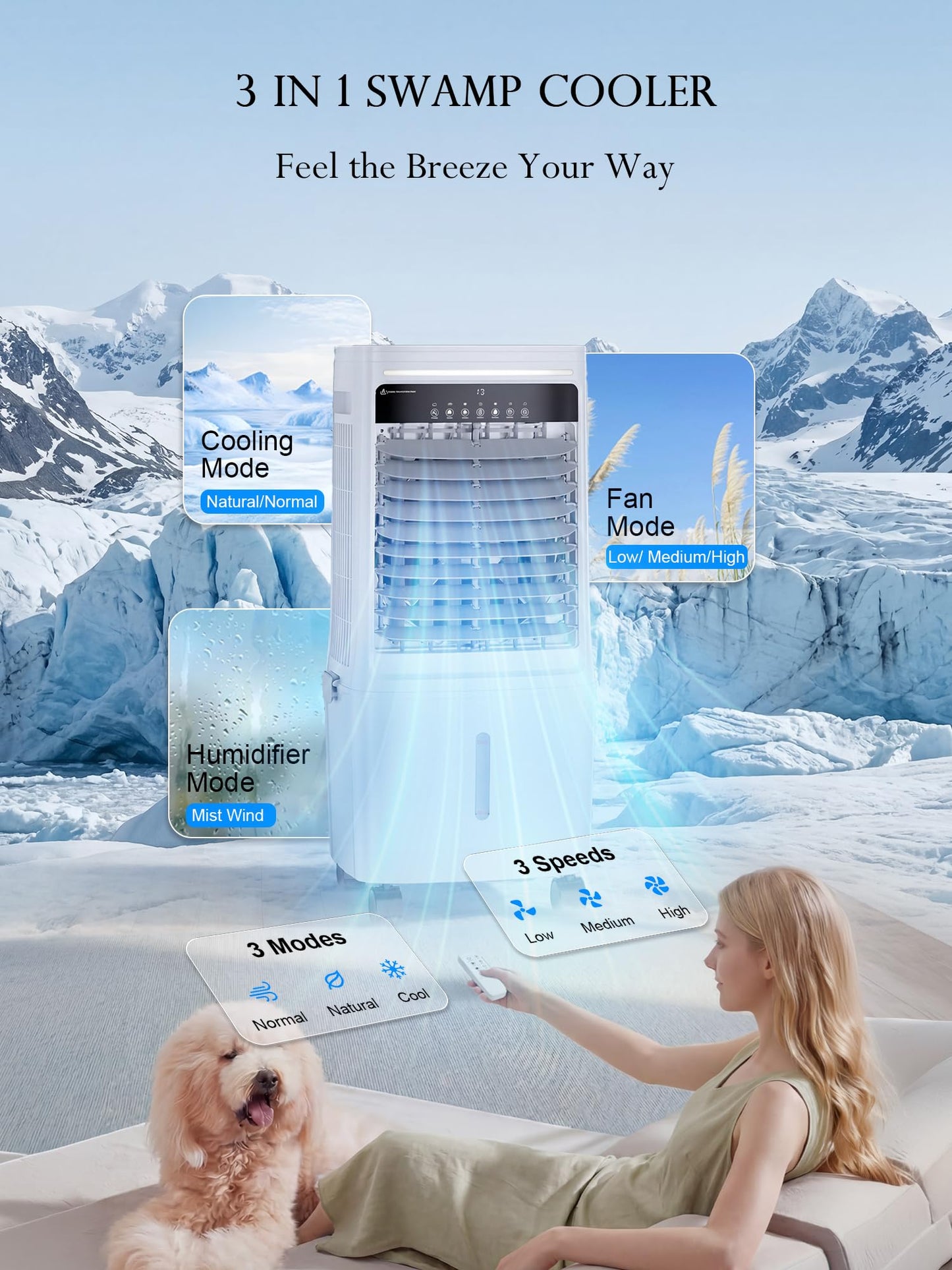 Uthfy 2200CFM Swamp Cooler Air Conditioner, Evaporative Cooler with Dual Water Tanks for 24H Cooling, 120° Oscillating, Ambient Light, 7 GAL Detachable Water Tank, 12H Timer, Portable AC for Bedroom