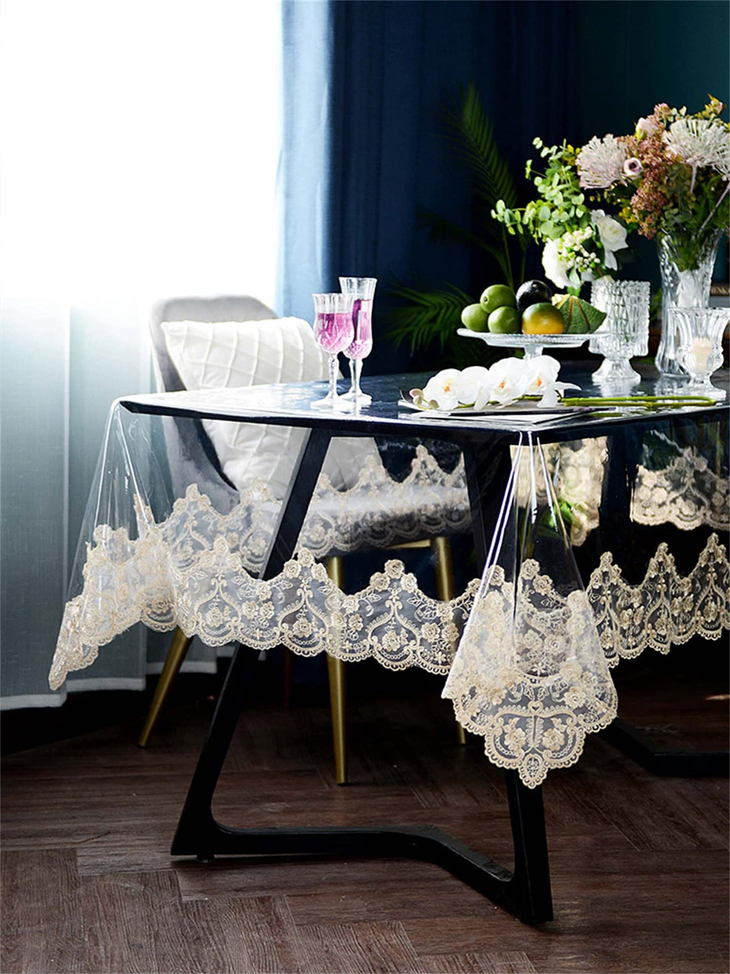 Dimatic Clear Plastic Waterproof Tablecloth, Vinyl PVC Rectangle Table Cloth with Lace Macrame, Oil Spill Proof, Table Cover for Dining Tables, Parties and Holidays (Beige, 60 x 86 Inch)