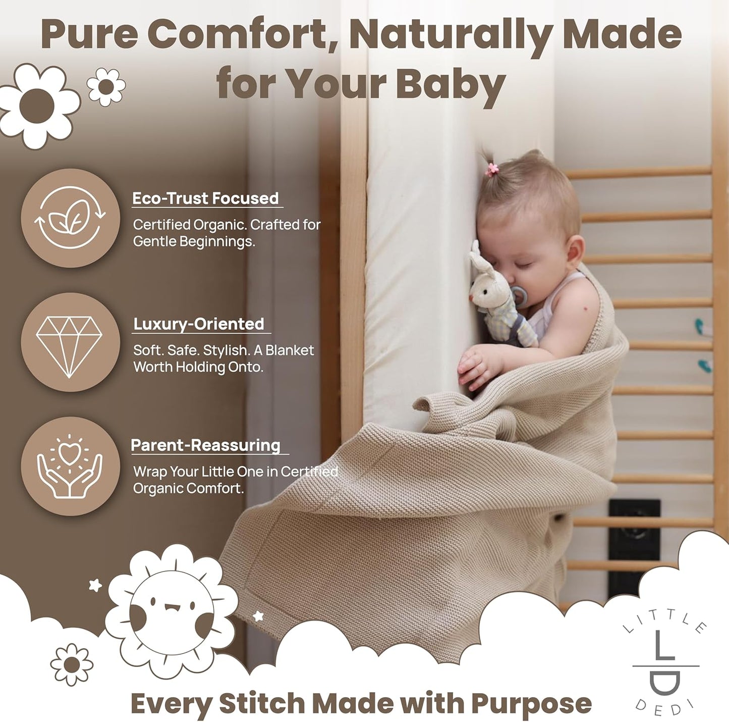 Organic Cotton Baby Blanket by [Brand Name] - Soft Knitted Swaddle for Newborns | Gift Box Included, 30"x40", Stone