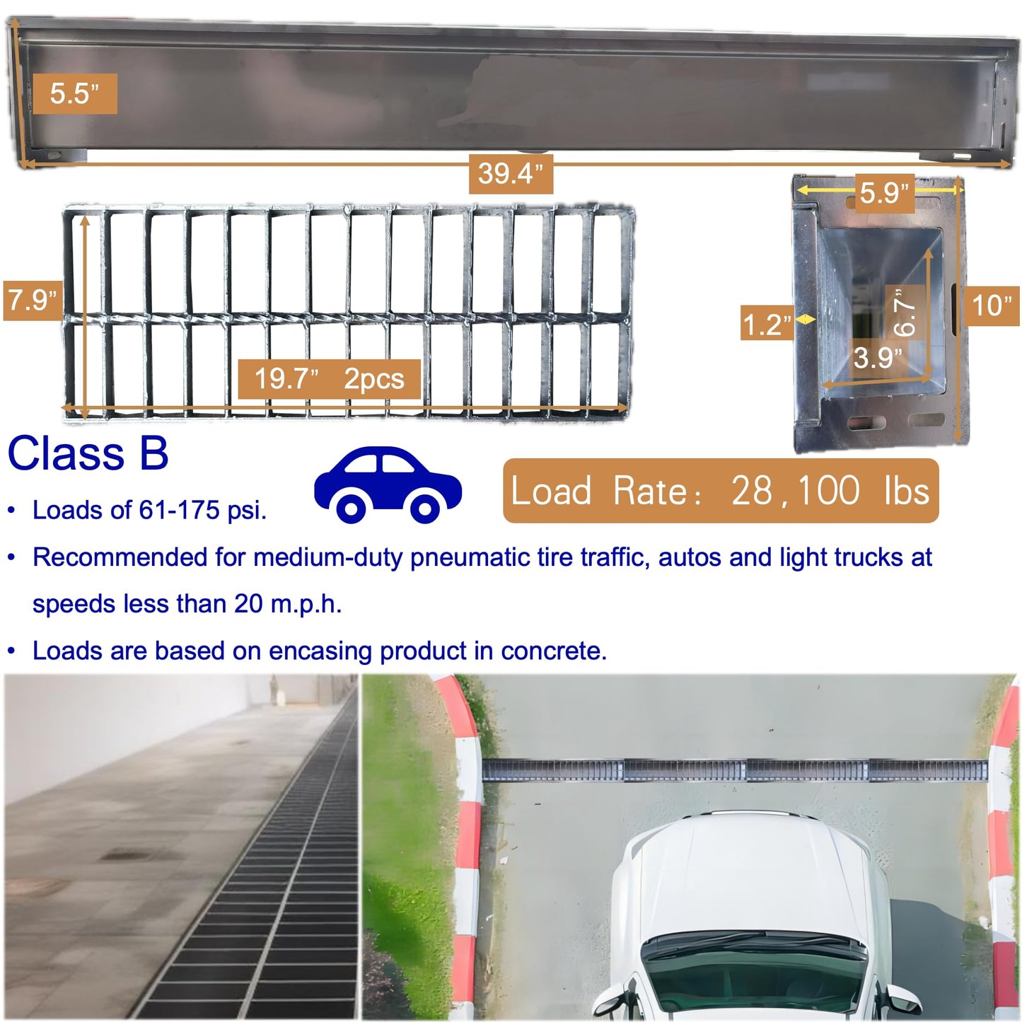 DuuMuut 304 Stainless Steel Channel Drain with Galvanized Steel Grate 39.4x9x6 in, B-Class 28100 lbs Heavy-Duty Drain Kit for 3" Pipe, Trench Drainage System for Outdoor, Driveway, Garage, Yard
