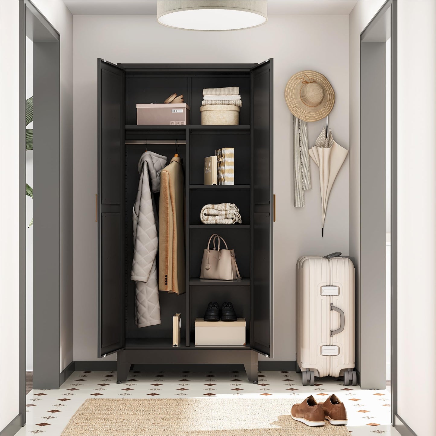 Metal Broom Closet Cabinet, Utility Storage Cabinet with 4 Shelves, Farmhouse Metal Closet with Doors, 71" Tall Storage Cabinets with Hanging Rod and Clothing Shelf for Hallway Laundry Mudroom