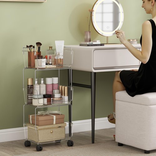 Delamu 3 Tier Rolling Cart for Kitchen, Bathroom, Office, Acrylic Utility Storage Carts with 2 Lockable Wheels, Ideal for Small Spaces, Pantry, Classroom, Makeup Organizer, Dorm Storage, Clear