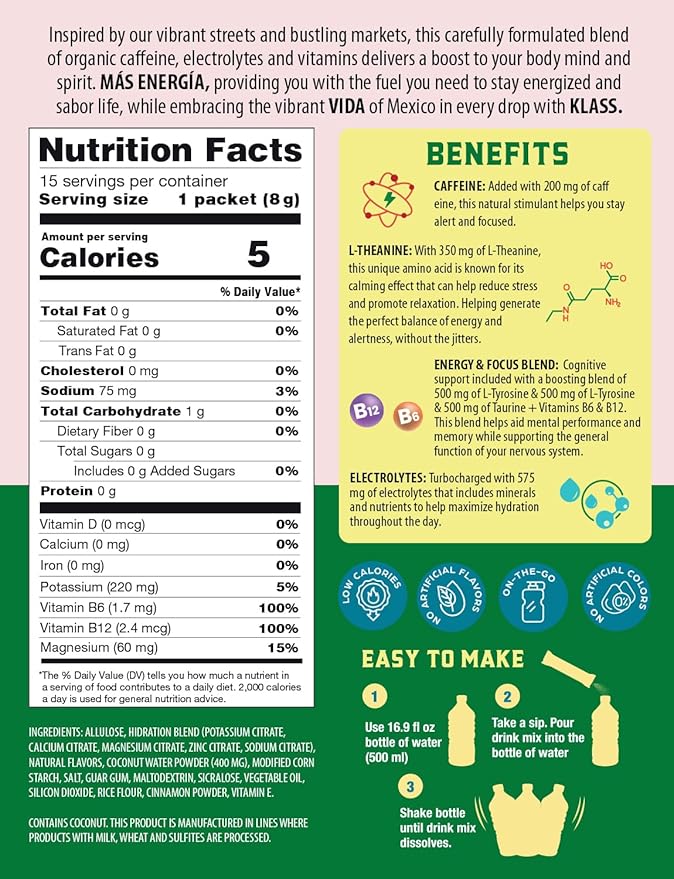 Hydration + Energy Electrolyte Drink Mix ??Strawberry Watermelon Agua Fresca Flavor | Sugar-Free Powder with Caffeine, L-Theanine, Coconut Water & Minerals | 15 Single-Serve Stick Packs