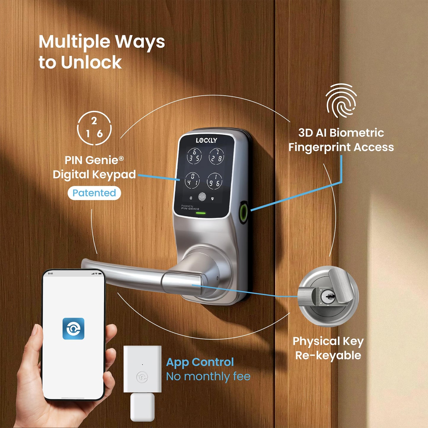 Lockly Secure Pro Smart Lock Wi-Fi, Keyless Entry Digital Keypad Door Lock, 3D Biometric Fingerprint Sensor Front Door with Handle, Voice Control & Auto Lock - Latch Edition