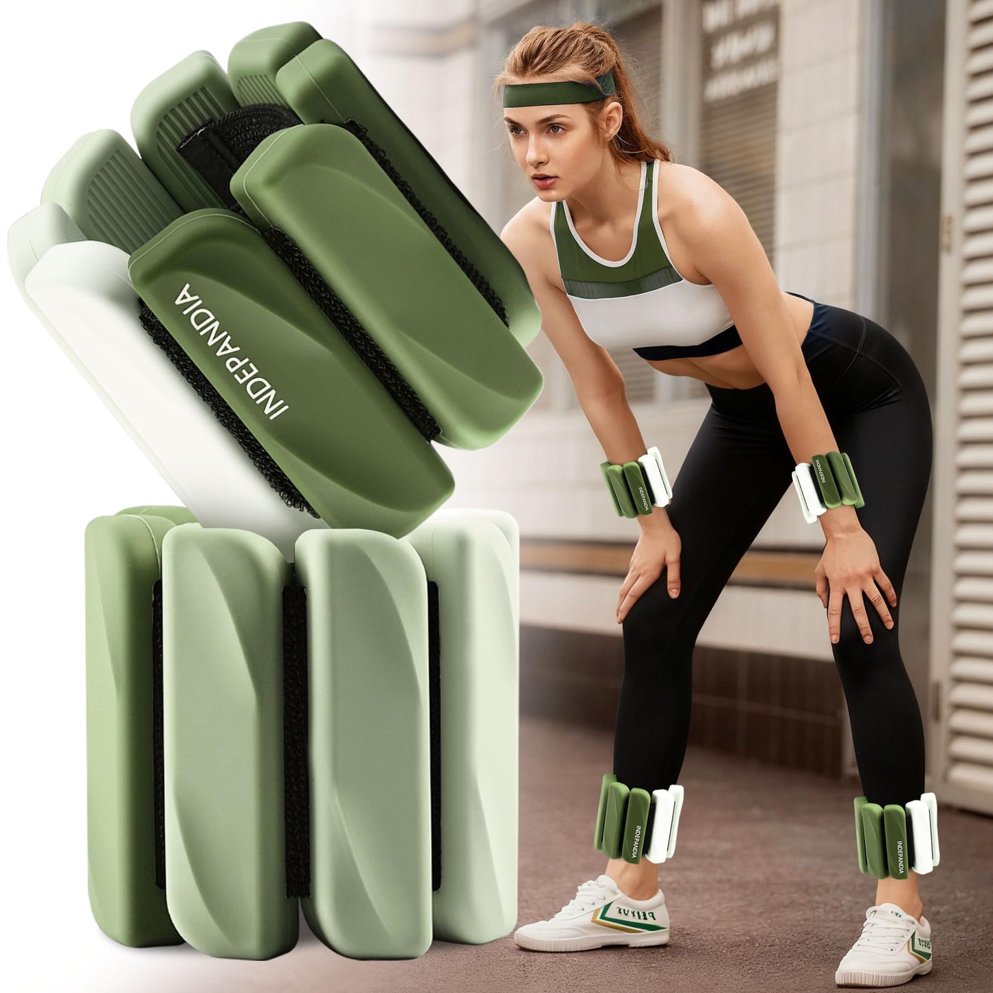 INDEPANDIA Wrist & Ankle Weights for Women and Men, 2lbs Pair Adjustable Silicone Weighted Bangles for Arm & Leg Workouts, Perfect for Pilates, Yoga, Walking & Home Fitness Training, Gradient Green