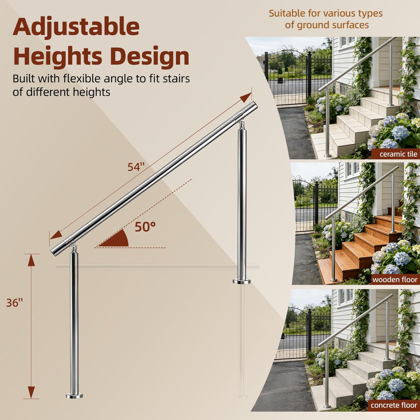 Hand Rails for Outdoor Steps – 54" L x 36" H 4-Step 304 Stainless Steel Railing Kit, Adjustable Step Railing for Concrete Steps & Porch Railing for Exterior Stairs