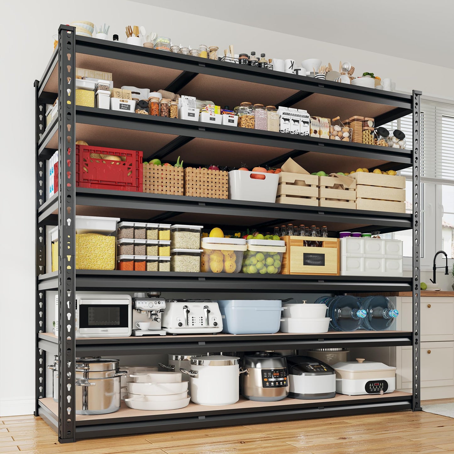 REIBII 6-Tier Garage Shelving, 84" H Storage Shelves Load 3300LB, Adjustable Metal Shelving, Large-Capacity Garage Shelves for Basement, Warehouse, 48.2" W X 84" H X 24" D, Black