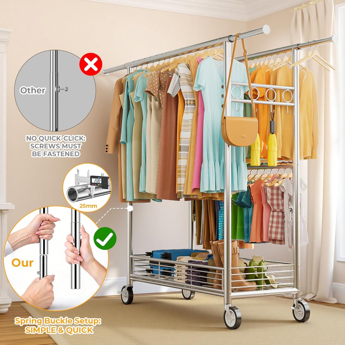 Regine Switzerland Heavy Duty Clothes Rack - 960LBS Capacity, Adjustable & Portable with Wheels, Silver
