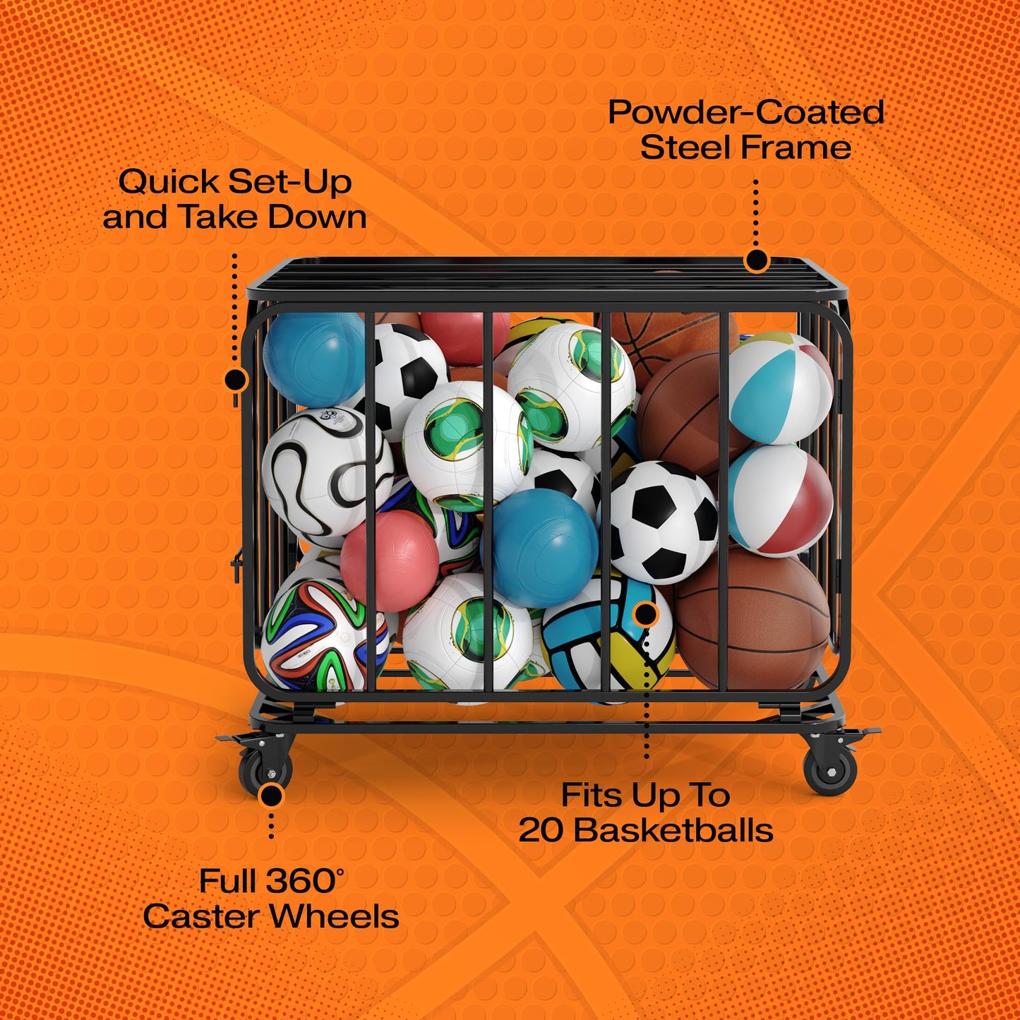 Houseables Ball Cart, Ball Storage, Basketball Cart, Basketball Storage Bin, Sports Equipment Organizer, Holder Cage with Wheels, Volleyball, Gym, Recess, Soccer, Playground, PE, Large Metal Basket