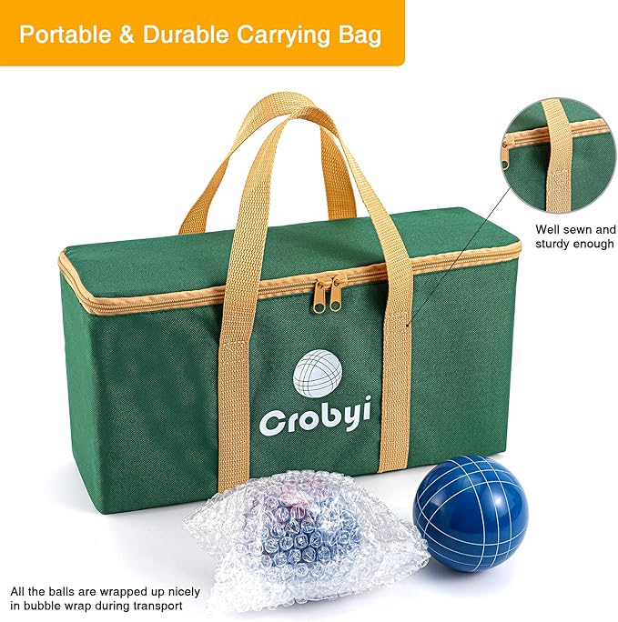 Bocce Balls Set, 90mm Regulation Size and Weight, Durable Beach/Yard/Lawn Game for Kids, Adults and Family. Including 8 Bocce Balls, Pallino, Measuring Rope and Carrying Bag.