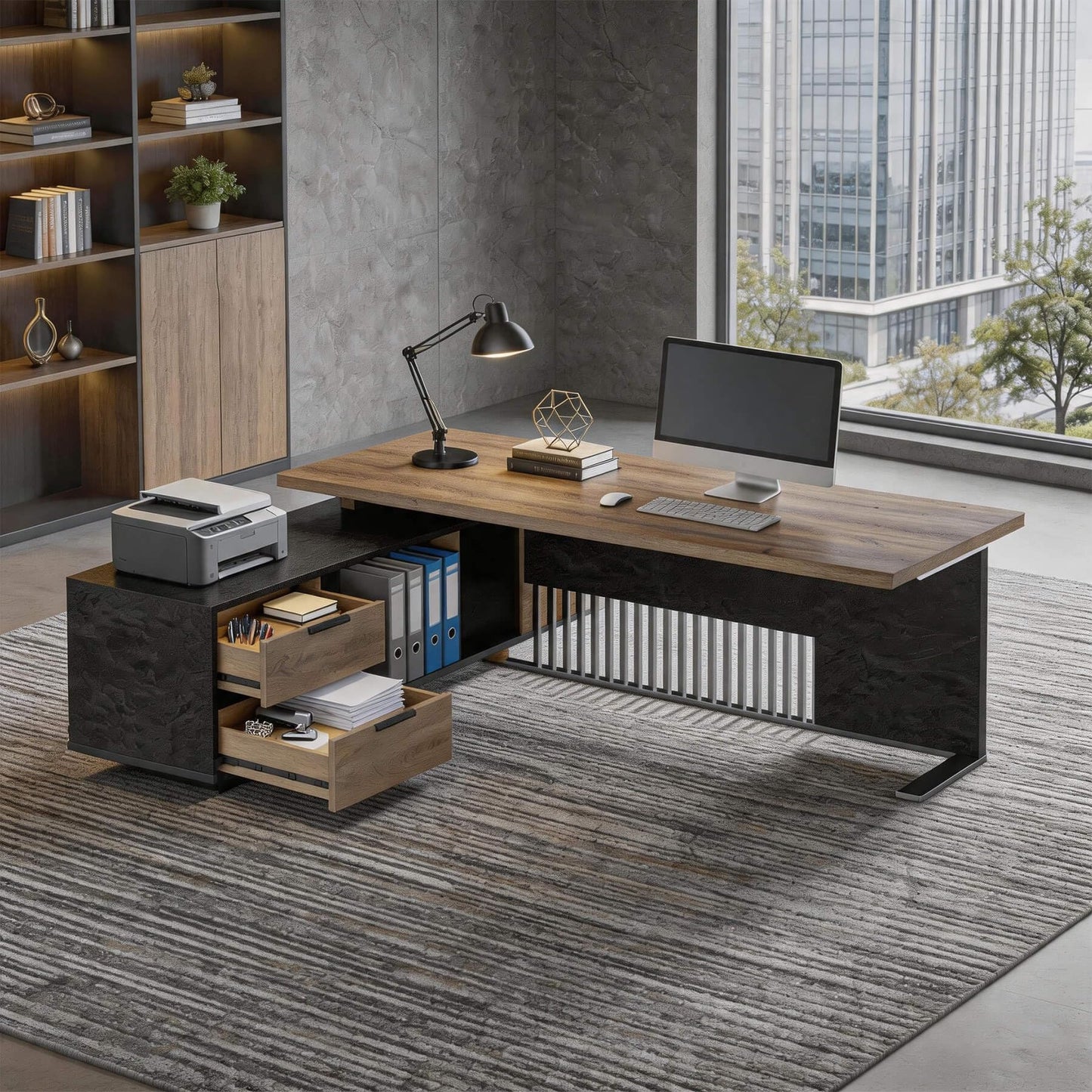 70.86 Inch Large Executive Desk with Drawers Cabinet, L Shaped Office Desk, Computer Desk with Universal Charging Ports and Cable Management for Business Furniture Set Workstation for Home Office