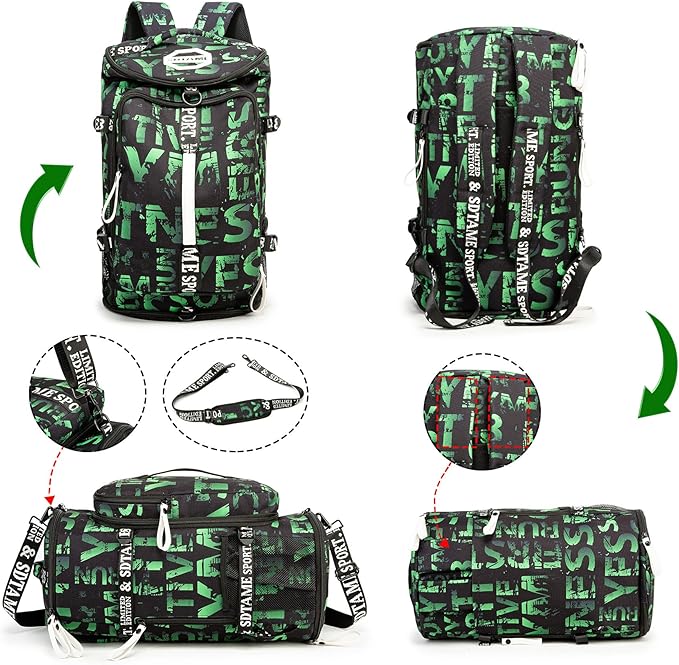 Gym Duffle Bag Backpack with Shoe Compartment,4 ways Travel Backpack for Women and Men,Multi-Functional Weekender bag with Waterproof Layer&Laptop Compartment for Fitness, Travel,Camping