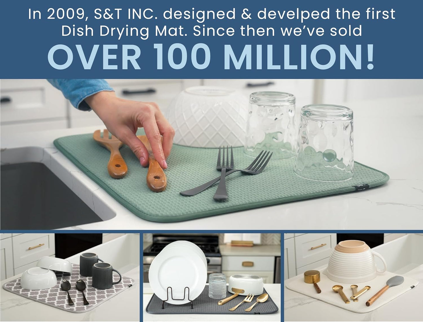 S&T INC. XL Dish Drying Mat - Absorbent Microfiber Kitchen Counter Pad, 18” x 24”, Taupe Trellis