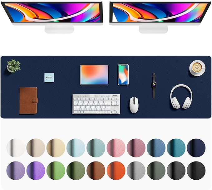 Aothia Faux Leather Desk Mat - Large Mouse Pad, Non-Slip PU Leather Blotter, Waterproof Writing Surface for Office and Home (Dark Blue, 63" x 17")