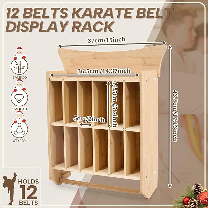 GENMOUS Karate 12 Belts Display Rack for Kids and Adults, Any Trophy and Medal Organizer, Wall Mounted Taekwondo or Martial Arts Belts Storage, Ideal Achievement Showcase for Home Dojo Decoration