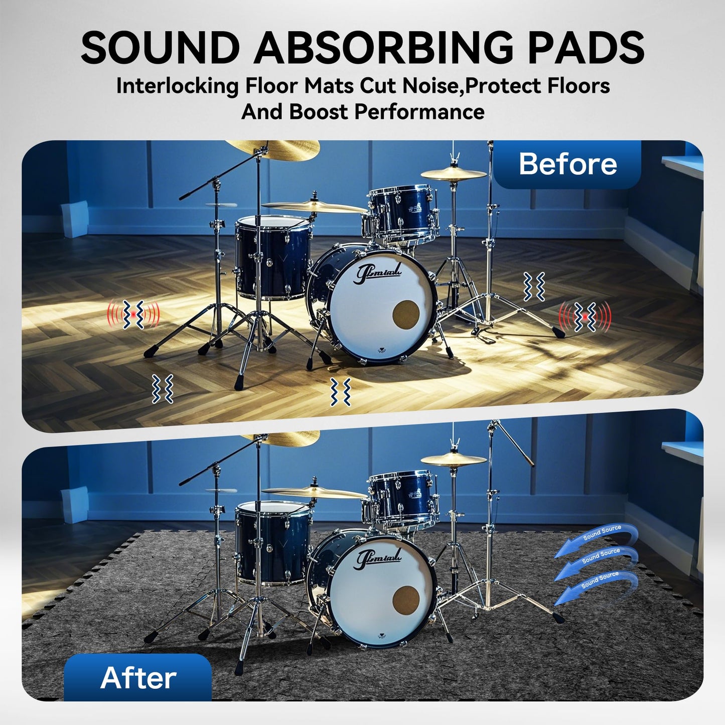 20 Pcs Interlocking Sound Absorbing Floor Mats, 11" x 11" x 0.4" High Density Anti Vibration Noise Reduction Pads, Non-Slip Felt Puzzle Mats for Drum, Piano, Music Studio, Home Gym