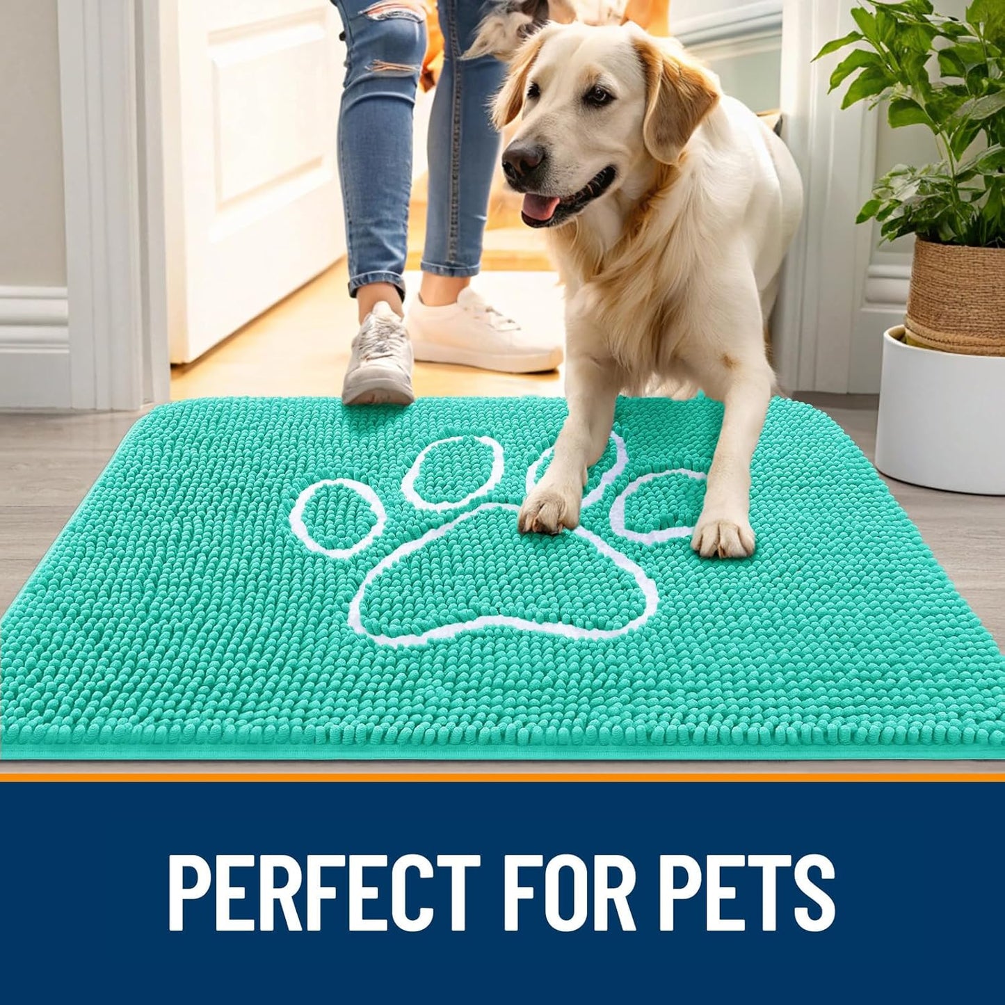 OLANLY Dog Door Mat - Absorbent Non-Slip Muddy Paws Mat | Quick Dry Chenille, 59x35, Teal