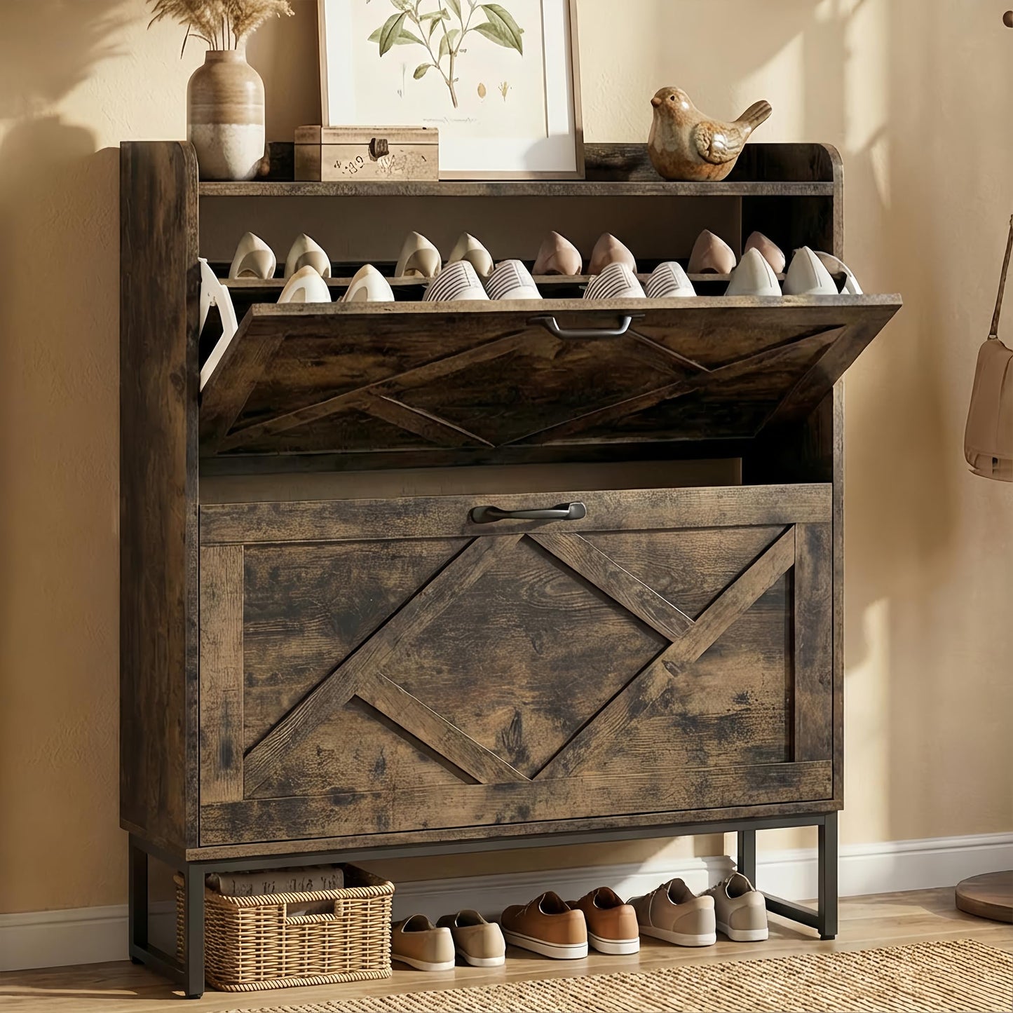 Nicetree Shoe Cabinet with 2 Flip Drawers, Freestanding Shoe Storage Cabinet with Metal Legs, Farmhouse Shoe Organizer for Entryway, Foyer, Hallway