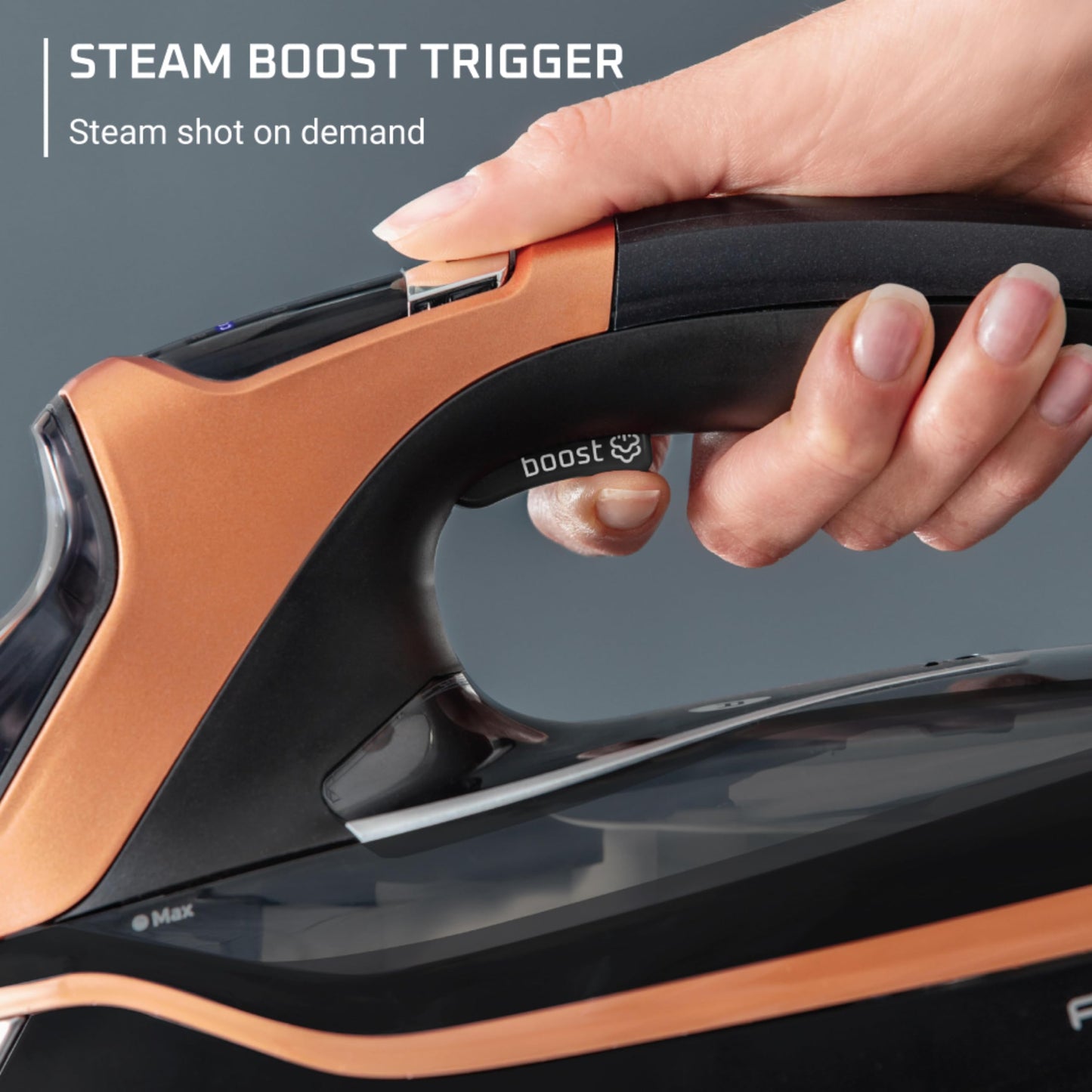 Rowenta Iron Steam Force Pro Steam Iron for Clothes, 1850 Watts, 5 Presets Smart Screen, Stainless Steel Soleplate, High-Efficiency Handheld Steamer Ironing, Anti-Drip Protection, Black Copper, DW9580